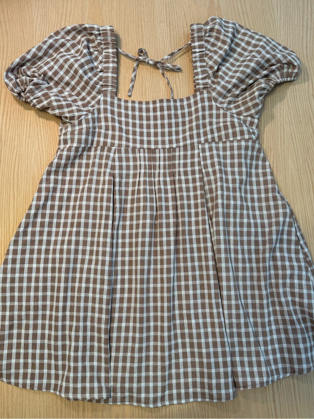 Carly Jean Los Angeles Brown & White Gingham Puff-Sleeve Mini Dress